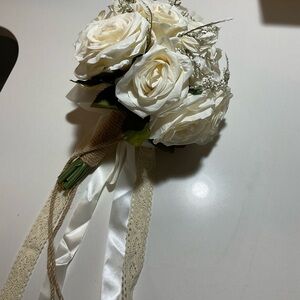Bouquet White Roses Bride Boutonniere Lace Crochet Boho Cottage Beach Wedding